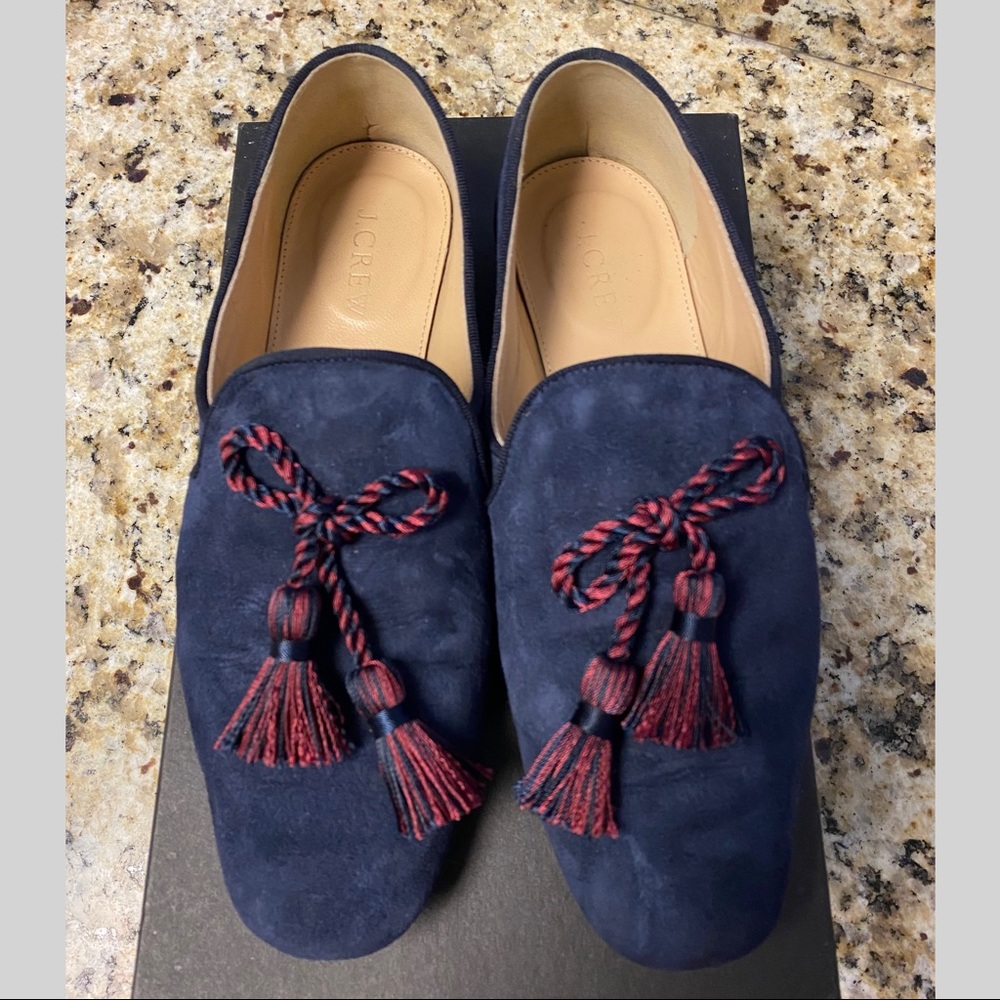 J Crew Suede Smoking Loafers with Tassels Navy Blue and Burgundy